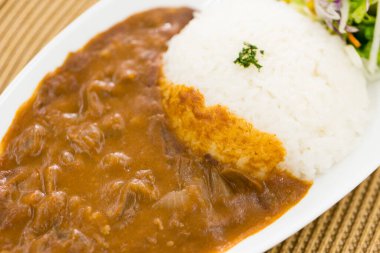 Pirinçli köri ve domuz eti yakından. 