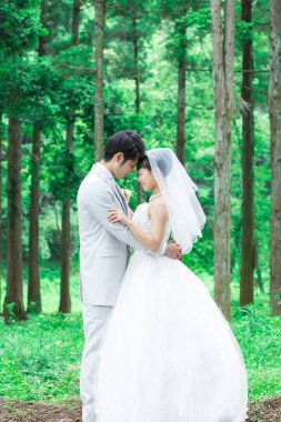 Parkta poz veren Asyalı gelin ve damat 