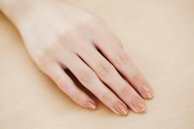 Soluk bir arka planda güzel manikürlü bir el.