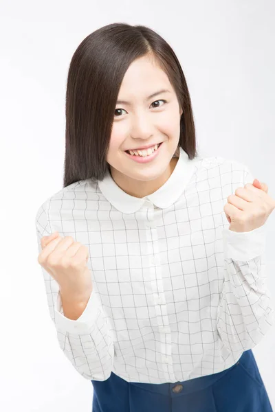 Студийный Снимок Красивой Японской Женщины Кулаками Белом Фоне — стоковое фото