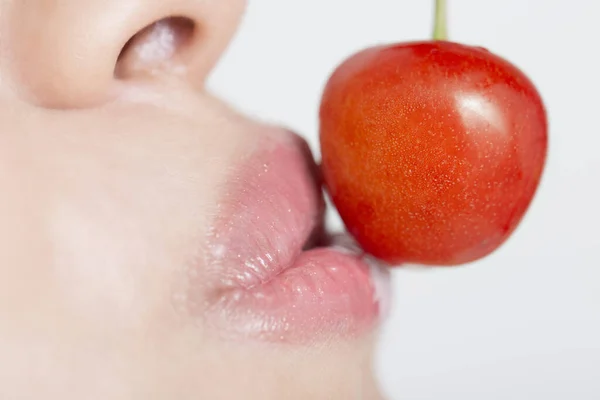 Close Shot Beautiful Girl Lips Sweet Cherry Isolated White — Stock Photo, Image