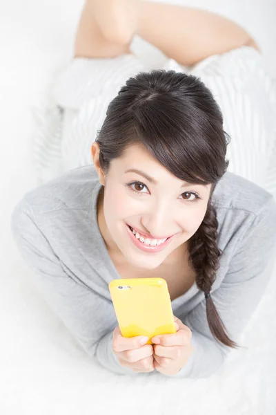 Asian Woman Using Mobile Phone Isolated White Background — Stock Photo, Image