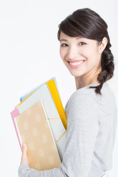 Mulher Estudante Carregando Pilha Livros Retrato Jovem Asiático Mulher Sorrindo — Fotografia de Stock
