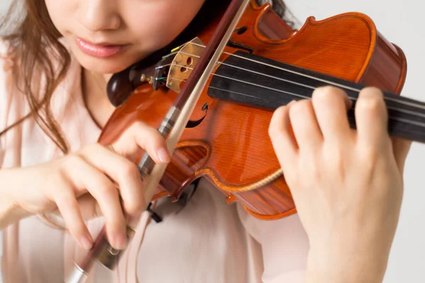 Beautiful Asian Woman Posing Violin Close — Stock Photo, Image