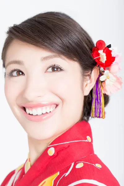 Portrait Beautiful Young Woman Wearing Traditional Japanese Kimono Looking Away — Stock Photo, Image