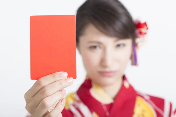 Young Girl Dressed Traditional Japanese Kimono Holding Red Card — Stock Photo, Image