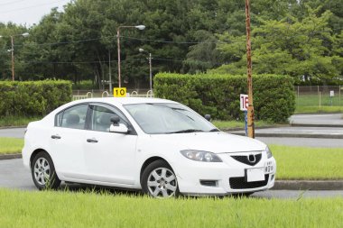 Yeşil çalıların ve ağaçların yanına park edilmiş beyaz sedan.