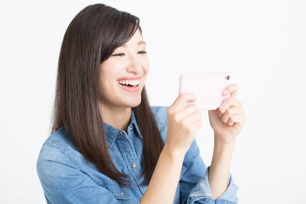 Asian Woman Using Smartphone Isolated Background — Stock Photo, Image