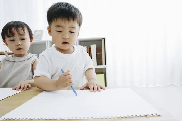 Twee Aziatische Kleine Kinderen Tekenen Papier — Stockfoto