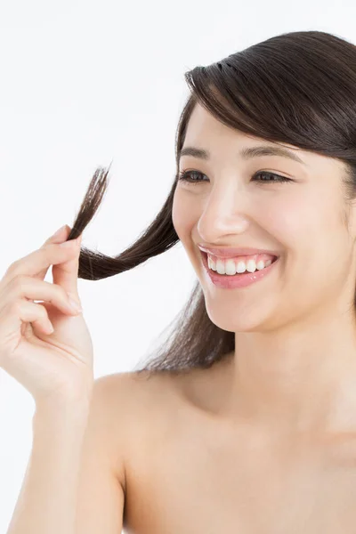 Japanese Woman Holding Her Long Hair Looking Splitting Ends Hair — Stock Photo, Image