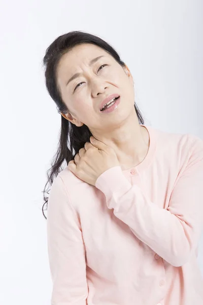 Senior Asian Woman Having Neck Pain Isolated White Background — Stock Photo, Image