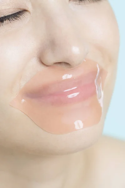 Beautiful Asian Woman Pink Hydrogel Patch Her Lips Cosmetology Skin — Stock Photo, Image