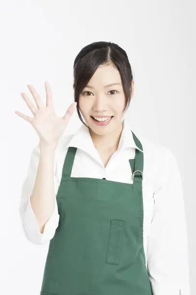 Portret Van Aziatische Vrouw Chef Kok Tonen Palm — Stockfoto
