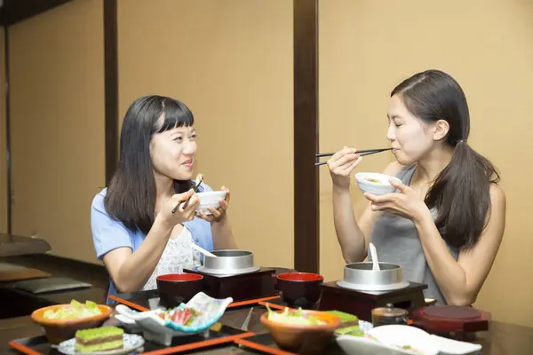 Beautiful Asian Women Eating Traditional Japanese Food Restaurant — Stock Photo, Image