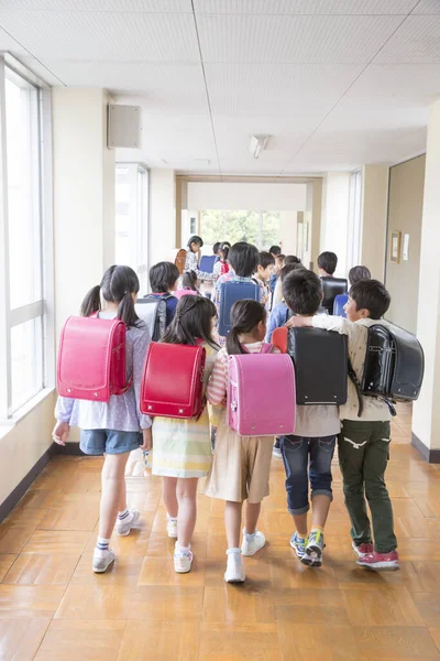 Grupp Japanska Barn Med Ryggsäckar Promenader Skolkorridoren Bakifrån — Stockfoto