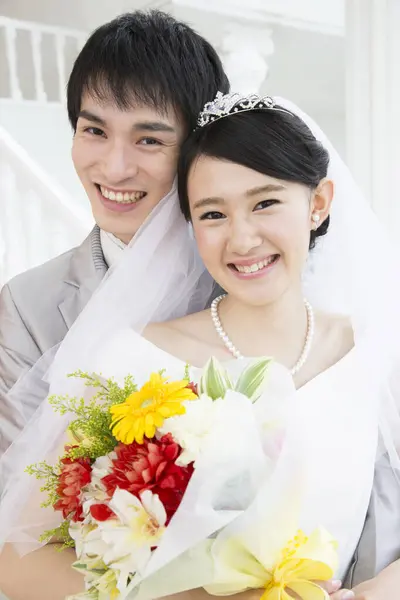 Portrait Beautiful Happy Asian Wedding Couple — Stock Photo, Image
