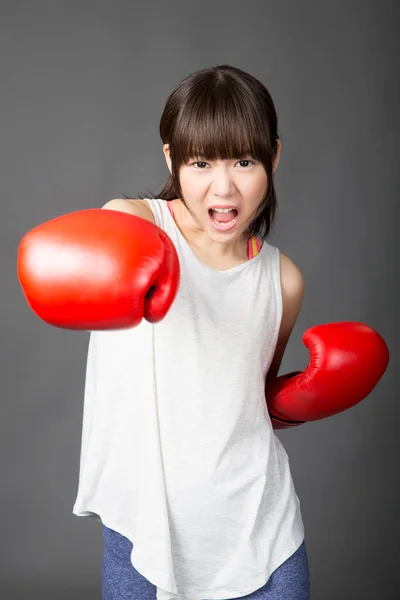 Asian Woman Red Boxing Gloves — Stock Photo, Image