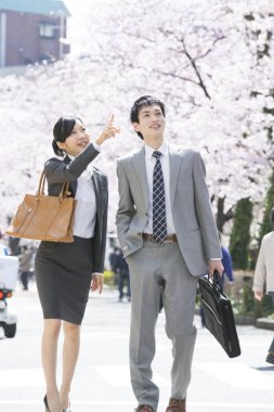 Şehir caddesinde kiraz çiçekleri olan iki Japon iş adamı.