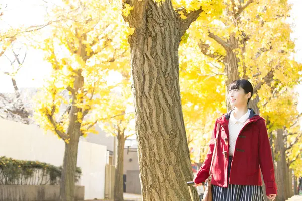 Mladá Asijská Dívka Podzimním Parku — Stock fotografie