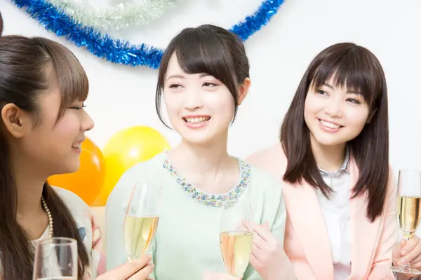 Portrait Three Young Asian Women Party Champagne — Stock Photo, Image