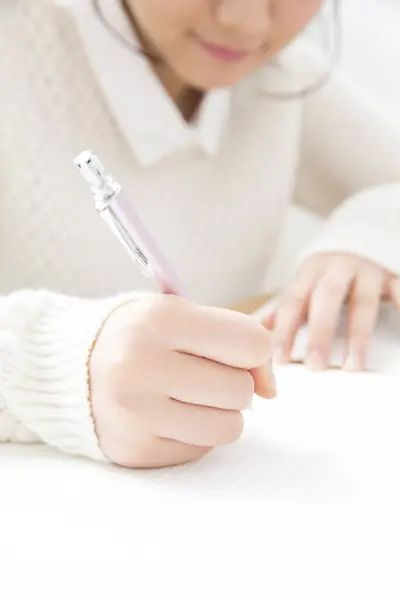Potrait Beautiful Japanese Teenager Girl Doign Homework Home — Stock Photo, Image