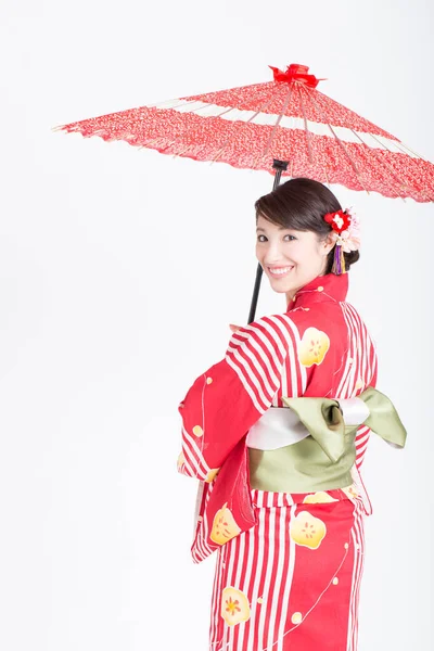 Retrato Hermosa Mujer Japonesa Kimono Con Paraguas Rojo — Foto de Stock