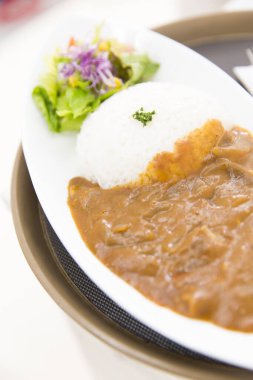 Pirinçli köri ve domuz eti yakından. 