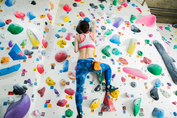 Güzel Japon kadın spor salonunda duvara tırmanıyor. 
