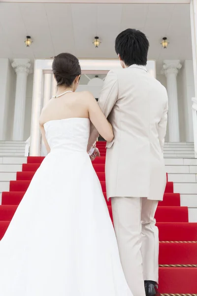 Visão Traseira Belo Casal Jovem Casamento Andando Escadas Com Tapete — Fotografia de Stock