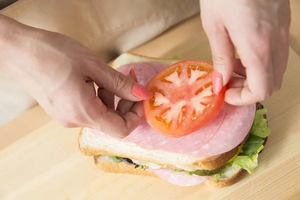 Cropped View Woman Making Tasty Sandwich Kitchen Table — Stock Photo, Image