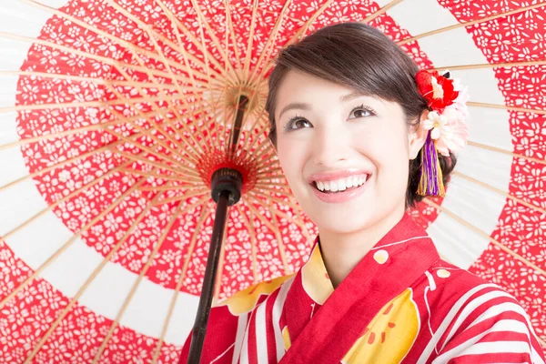 Portrait Beautiful Japanese Woman Kimono Red Umbrella — Stock Photo, Image