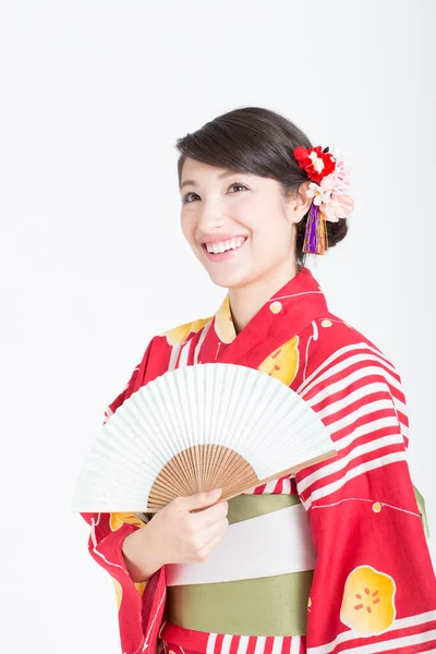 Bela Mulher Quimono Vermelho Tradicional Com Ventilador — Fotografia de Stock