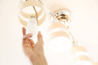 Avizedeki ampulü değiştiren elektrikçinin eli. 