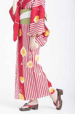 Geleneksel Japon kimonosu giymiş güzel bir genç kadının portresi.