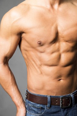 Kaslı vücutlu ve gömleksiz bir adamın portresi.