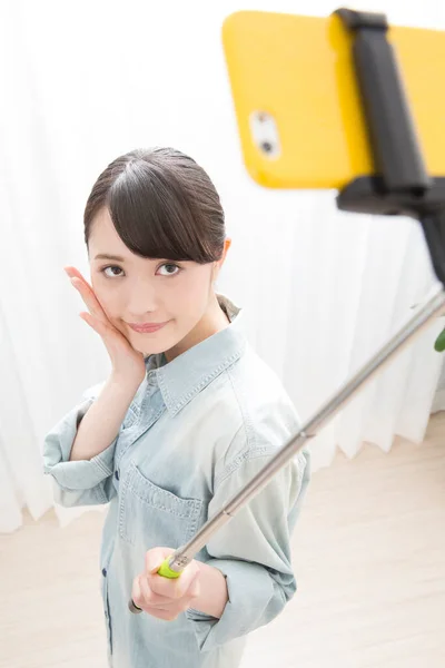 Portrait Asian Woman Taking Selfie — Stock Photo, Image