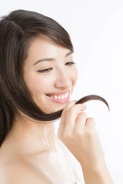 Portret Van Mooie Japanse Vrouw Met Natuurlijke Huid Mooi Haar — Stockfoto