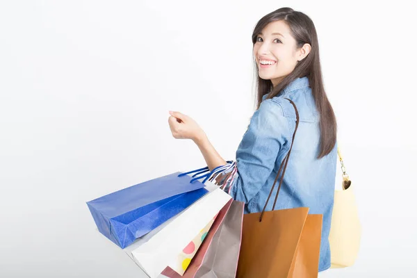 Gyönyörű Boldog Japán Cipelő Bevásárló Táskák Elszigetelt Fehér Háttér — Stock Fotó
