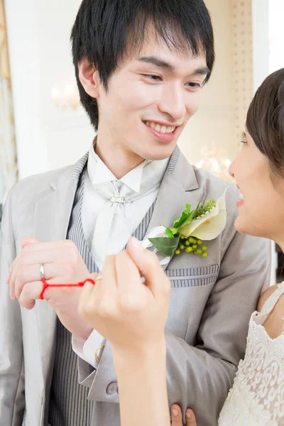 Beautiful Happy Young Wedding Couple Fingers Tied Red String — Stock Photo, Image