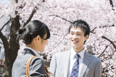 Şehir caddesinde kiraz çiçekleri olan iki Japon iş adamı.