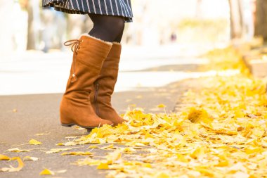 Sarı akçaağaç yapraklı kız sonbahar parkında.