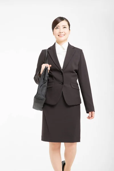 Studio Shot Beautiful Japanese Businesswoman Handbag Walking White Background — Stock Photo, Image