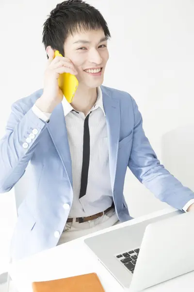 Close Portrait Young Japanese Businessman Talking Phone Office — Stock Photo, Image