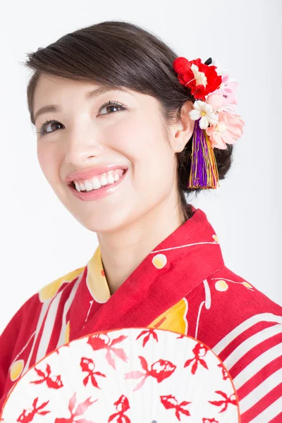Beautiful Woman Traditional Red Kimono Fan — Stock Photo, Image