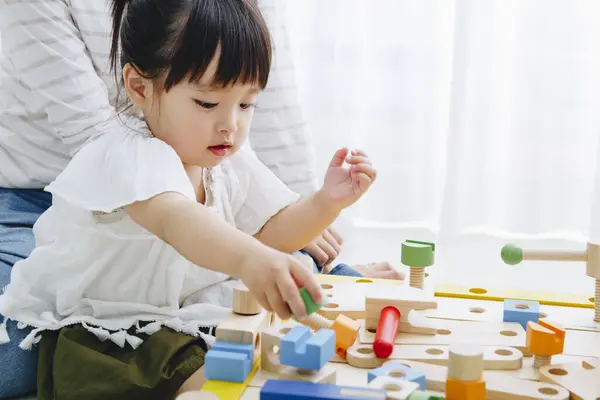 Closeup Shot Cute Japanese Girl Playing Toys Home Interior — Stock Photo, Image