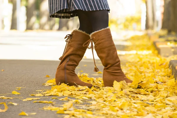 Sarı akçaağaç yapraklı kız sonbahar parkında.