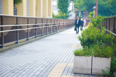 Bitkilerle ve yürüyen insanlarla dolu şehir geçidi.