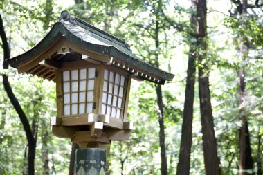 Japon ahşap fenerinin parktaki manzarasını kapat. 
