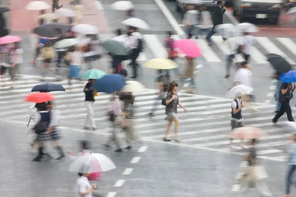 Folla Persone Strada Con Ombrelloni Nel Giorno Pioggia — Foto Stock