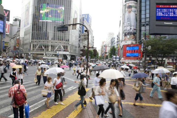 Yağmurlu Bir Günde Sokakta Şemsiyeli Bir Kalabalık — Stok fotoğraf